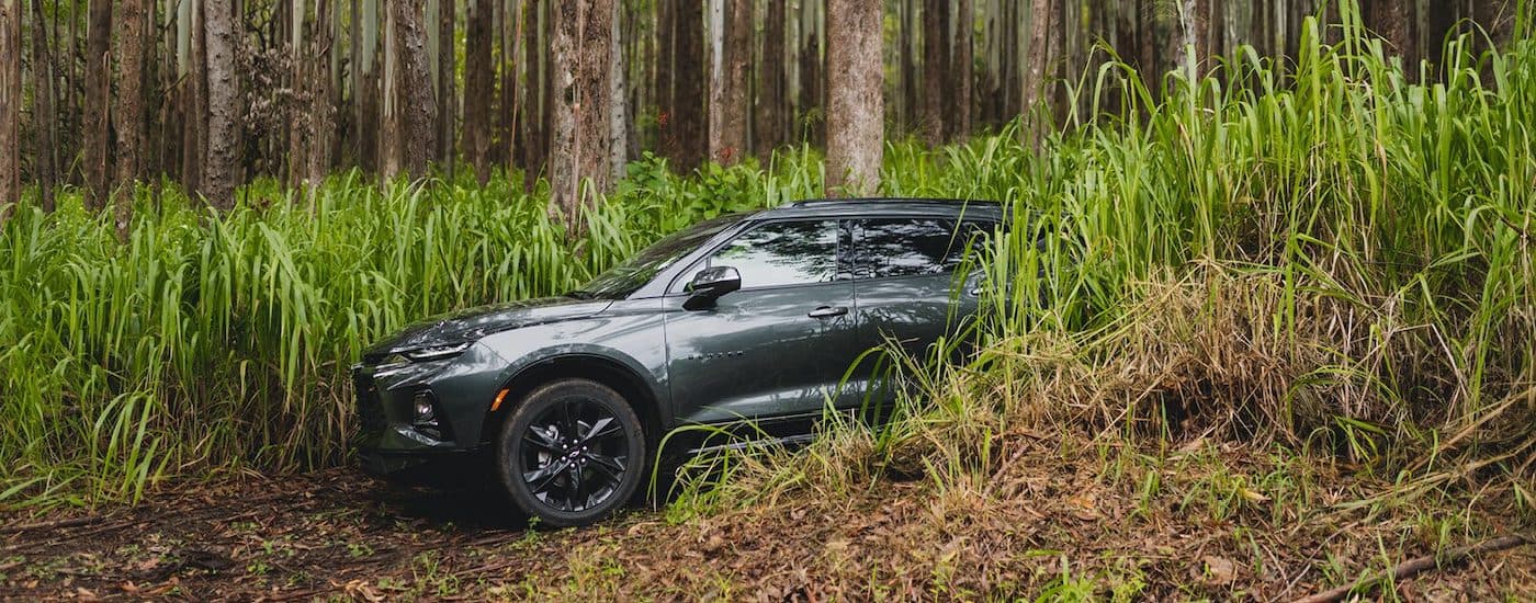 A grey 2020 Chevy Blazer RS is shown driving through tall grass in the woods.